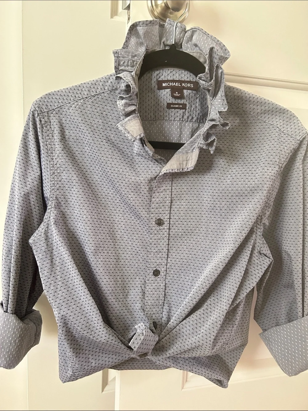 One of a kind Woman’s Michael Kors Light Blue Ruffle Collar Button-Down